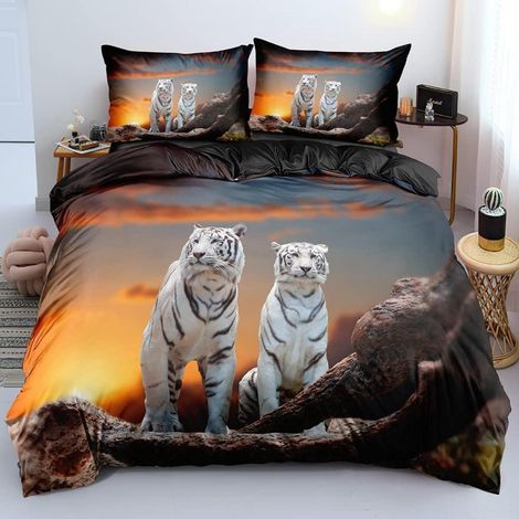 Bettwäsche 155x220 cm mit Tiger Motiv, 3D Effekt, Mikrofaser, 3-teilig