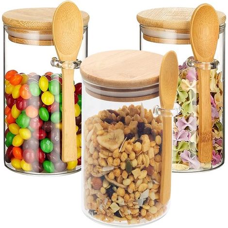 Barattoli di vetro con coperchio, barattoli con coperchi e cucchiai in bambù, cucina, barattoli ermetici, contenitori in vetro, barattoli di vetro per zucchero, caffè, tè, spezie, muesli, fagioli, 600 (1/5)
