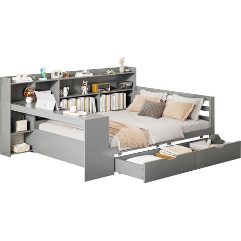 Schlafsofa aus Massivholz 140x200 cm mit Schreibtisch und Stauraum, Multifunktionales Doppelbett mit Schubladen und Steckdose, Grau (1/5)