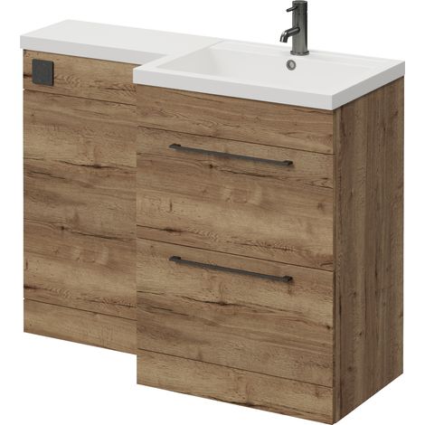 Napoli 460 Tobacco Oak 1100mm 2 Drawer Vanity Unit Toilet Suite with Right Hand Square Lucia Basin - 1100mm - Gunmetal Grey 320mm HandleWithout Kingston Toilet Pan