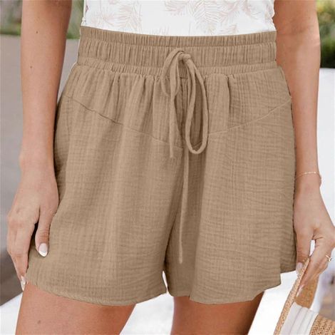 Short femme, coupe ample, taille haute, uni, décontracté, jambes larges, lacé-XXXL-Khaki