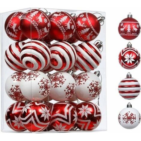 Déco de sapin de Noël : 24 boules traditionnelles rouges et blanches de 60 mm, incassables pour ornement festif (1/5)