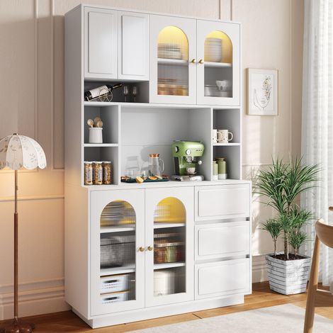 Credenza alta 106x30x175 cm, vani aperti centrali, ante ad arco in acrilico, luci LED con app, MDF bianco (1/5)