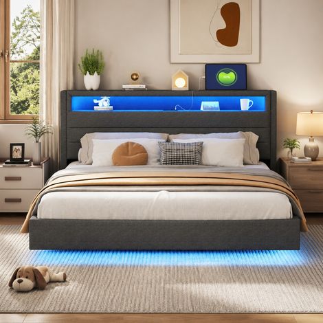 Letto 160x200 cm imbottito con presa USB e LED, testiera ribaltabile, grigio HAVRYA (1/5)