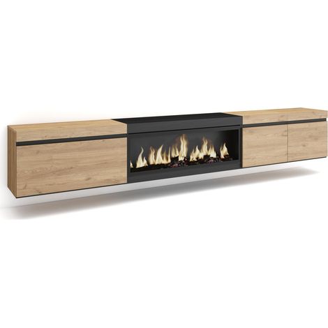Skraut Home - TV-Schrank, Lowboard, für Wohnzimmer und Esszimmer, 288x45x35 cm, Für großformatiges TV, Elektrokamin XXL, Hängend, Moderner Stil, Eiche Schwarz (1/5)