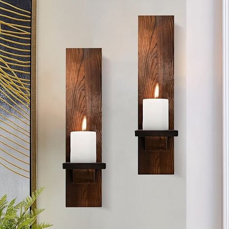 BelleRise - Lot de 2 bougeoirs muraux décoratifs en bois, style champêtre, marron, pour salon. (1/5)