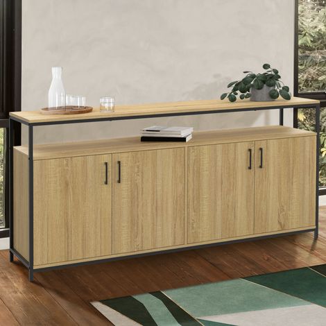 160 cm DETROIT Aparador de 4 puertas en madera y negro, diseño industrial (1/5)