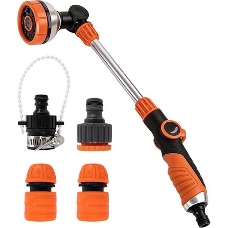 48 cm Gartenspritze mit 1/2"-Anschluss, 2 Wasserhahnadaptern, 8 einstellbaren Strahlarten und 180°-Schwenkgelenk, geeignet für Autowäsche, Reinigung und Gartenbewässerung. (1/5)