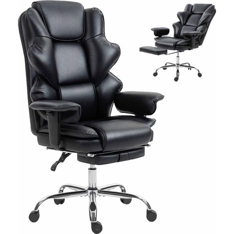 Chaise de bureau avec repose-pieds et appui-tête. Cuir PU, mousse et métal. 76 x 73 x 117-125 cm. Noire. (1/5)