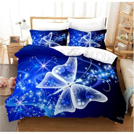 Housse de couette Microfibre papillon Bleu,Housse de couette papillon fantaisie Parures de lit papillons 3D 2 Taies 90x190cm - HUW (1/3)