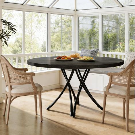 REDOM - Mesa de comedor redonda 120x120x75 cm, para 4 a 6 personas, patas cruzadas, madera negra (1/5)