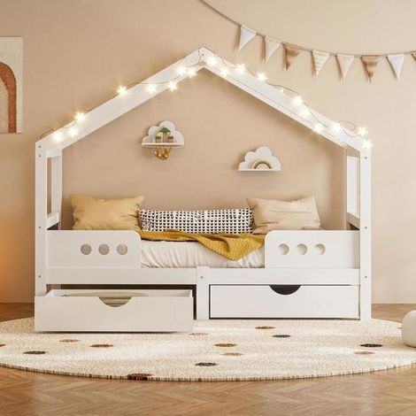 Lit cabane enfant - KOMHTOM - 90x200 - 2 tiroirs - toit avec tableau - MDF blanc, charge 120 kg (1/5)