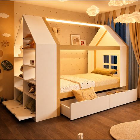 Lit cabane enfant 90x200 cm bois blanc LED rangement chambre – MEUBLIV (1/5)