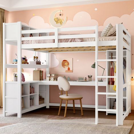 Lit mezzanine superposé 140x200 cm avec bureau, armoire, étagères et rangements multiples, blanc – idéal chambre ado ou petit espace – BATDTECH