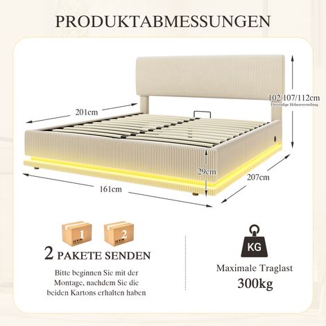 Lit moderne en velours beige 160x200 cm, tête réglable en hauteur, éclairage LED intégré, ports USB-C, sommier lattes robuste, grand rangement sous le lit, tête matelassée confortable. (1/4)