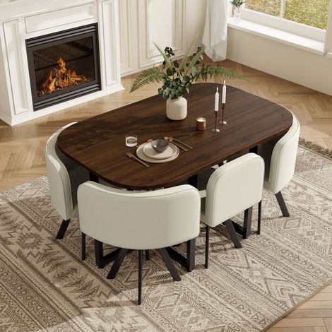 Set table à manger 140x90x73 cm + 6 chaises en lin, plateau en noyer, pour cuisine et salle à manger, pour 6 personnes, beige+Noyer