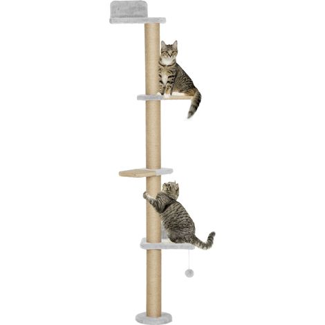 Wandmontiertes Katzenregal, Katzenkletterwand mit 4 Kletterplattformen, Kratzbaum aus Jute und Spielball, 180 cm hoch, Hellgrau