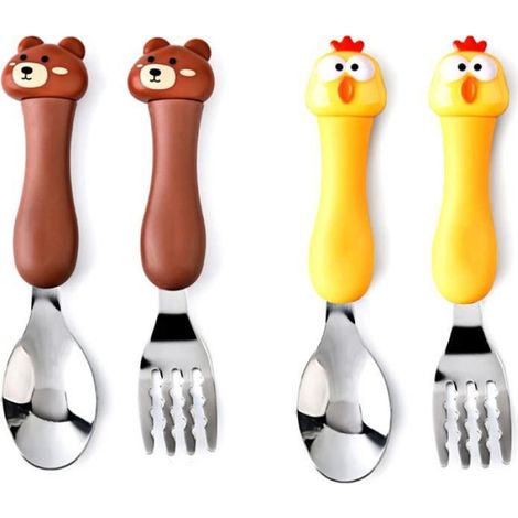 Couverts Enfants,Fourchette Cuilleres en Inoxydable, Vaisselle Bébé Animal Dessin Animé avec Boîte - 2 Sets (1/4)