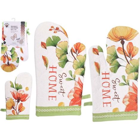 Coppia di guanti da cucina in tessuto spesso Nicole 100% cotone fantasia 2 bianchi con motivo floreale e foglia e scritta Sweet Home