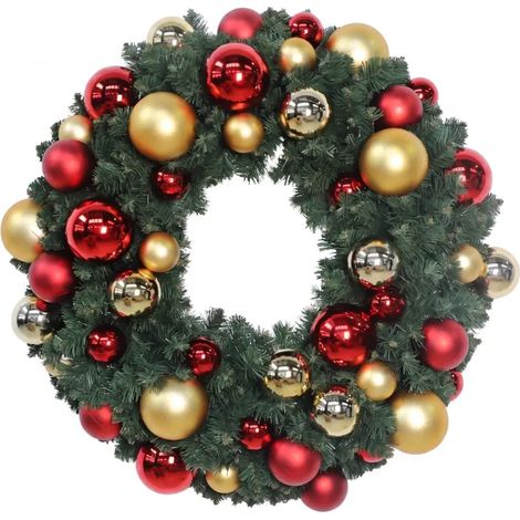 Couronne sapin artificielle D 120 cm PVC vert, 400 branches, 60 boules rouge & or (1/5)