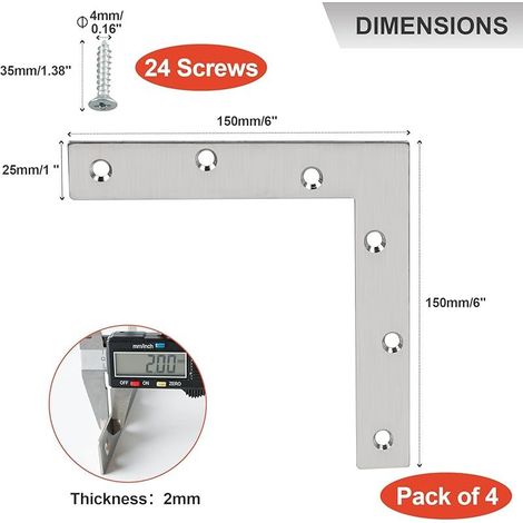 Équerre D'angle de Support de Fixation Équerre Plate de Réparation Connecteur en Forme de L avec Vis, Brossé en Acier Inoxydable, 150mm x 150mm, 4 Pcs, EJ7150L-4P-EU (1/5)