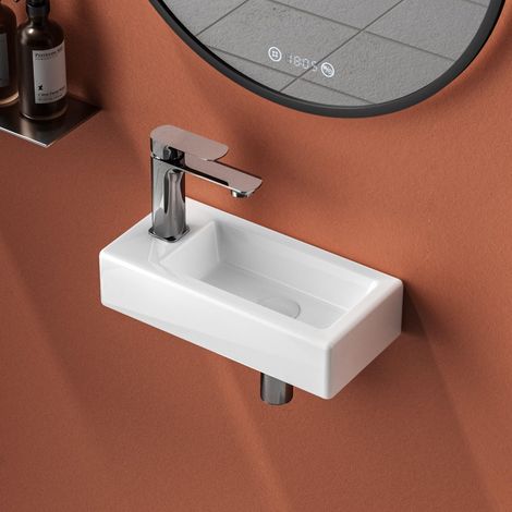 EMKE Lavabo da 36,5 x 18 x 9 cm, piccolo lavandino bianco, da appendere, per WC degli ospiti e bagno, rubinetto sinistro, montaggio a parete (1/5)