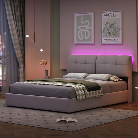 Dans Les Nuages – Lit coffre 140x200 cm avec rangement – Tête de lit LED et USB – Sommier à lattes en bois – Cadre métal capitonné velours beige