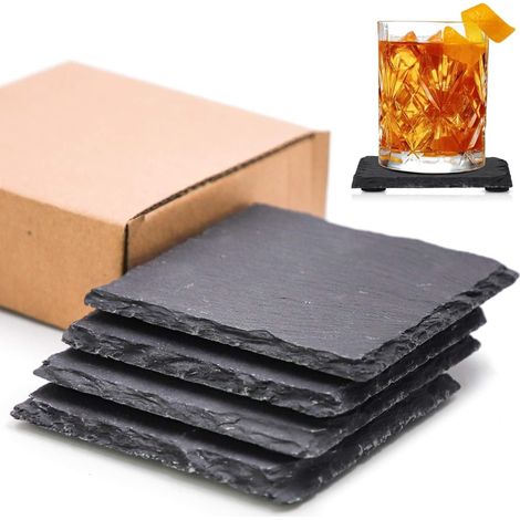 Set di 4 sottobicchieri in ardesia, quadrati, neri, 10 cm, stile moderno, facili da usare, dimensioni 10 cm x 10 cm, ideali per caffè, bar, cucina e arredamento casa.