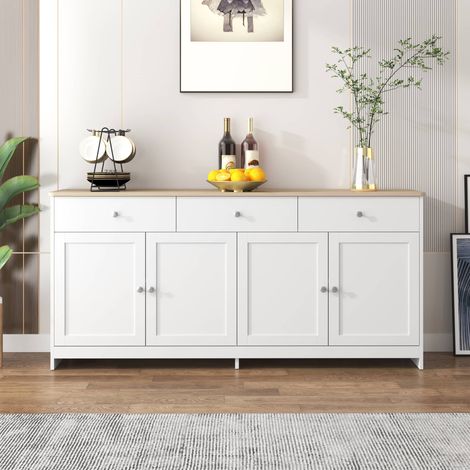Buffet 160 x 37 x 75 cm, enfilade 4 portes avec 3 tiroirs et étagères réglables, en MDF, style campagne, blanc (1/5)