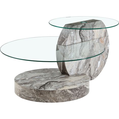 Table basse ronde en verre de sécurité avec double plateau, effet marbre gris, bords arrondis, structure MDF, design moderne et aérien pour salon – CHICFURN (1/5)
