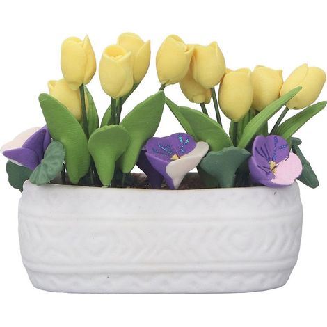 Mini pot de tulipe jaune en argile fleur miniature simulée 1:12 décoration maison de poupée accessoire. (1/5)