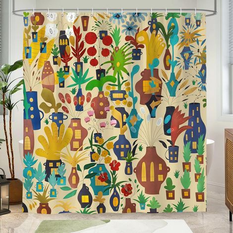 Retro-Duschvorhang im Bohème-Stil, 180 x 180 cm, tropische Pflanzen und Keramik, wasserdicht, mit 12 Haken