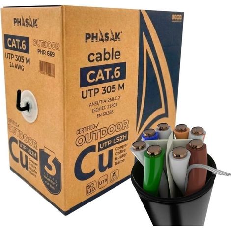 Bobina cable exterior phasak u/utp cat. 6 sólido cu awg24 fluke lszh negro 305 m