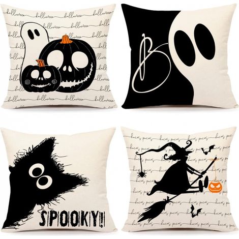 Filiyano-Lot de 4 coussins décoratifs d'extérieur noirs d'automne, motif citrouille, sorcière, chat et fantôme, pour Halloween (45 x 45 cm). (1/5)