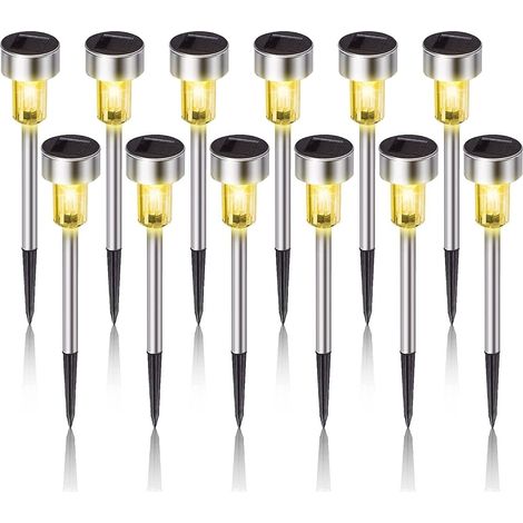 Luci solari impermeabili da esterno in acciaio inossidabile a LED per decorazione paesaggistica, cortile, vialetto, passerella, terrazzo, prato, confezione da 12, luce calda (1/5)