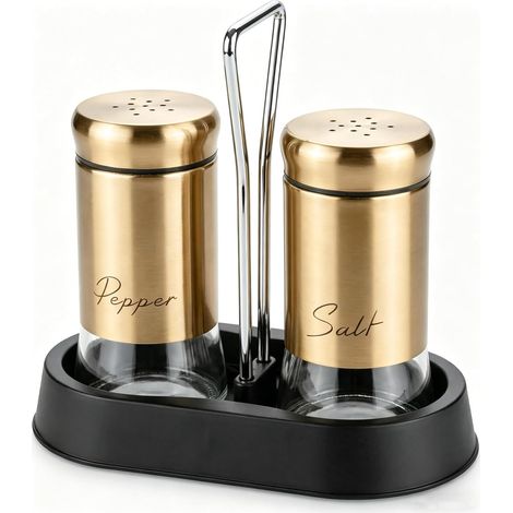 Set de 2 Salières et Poivrières avec Support, 150ml Petits Shakers à Épices en Verre et Inox, Flacons à Épices Résistants à l'Humidité pour Cuisine, Épices, BBQ, Grillades, Camping, Fourgon