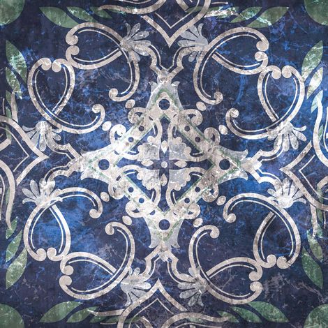 Tableau original bleu foncé et blanc pour salle de bain | Tableau sur toile oriental moderne | Tableau design à motif pour couloir 0,5 x 0,5 m (1/2)