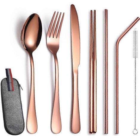 Ensemble de couverts de voyage 8 pièces, couverts de camping et de pique-nique en acier inoxydable, ustensiles de voyage réutilisables et portables comprenant fourchette, couteau, cuillère, pailles, c (1/5)