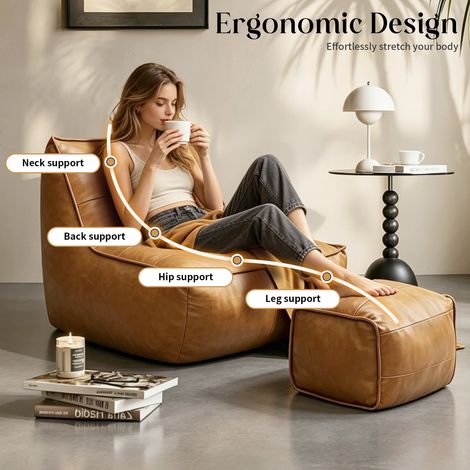 Pouf en tissu effet cuir, fauteuil moelleux avec repose-pieds, ensemble canapé lounge pour salon et salle de jeux, sellerie technique, dossier bas, style scandinave, 2 pièces. (1/5)