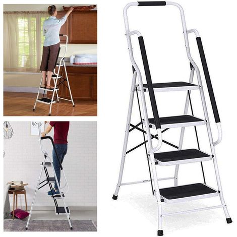 Trittleiter 4 Stufen Klappbar Stufenleiter mit Handlauf, Stabil Klappstufen Stahl Klapptrittleiter Faltbar Klappleiter Anti-Rutsch Haushaltstritt Stehleiter Belastbar bis 150kg (1/5)