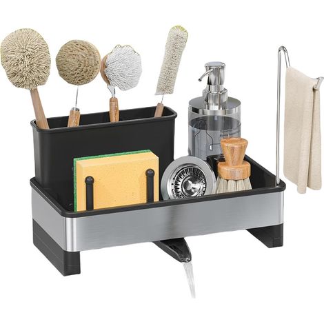 Organizador de esponja para fregadero de cocina de gran capacidad con bandeja de drenaje automático, organizador de fregadero de cocina de acero inoxidable con soporte para cepillos extraíble y soport