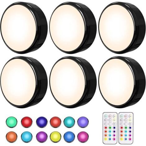 Lot de 6 éclairages LED sous meuble – Multicolore à piles avec télécommande – 16 couleurs, 10 niveaux de luminosité, fonction minuterie – Noir