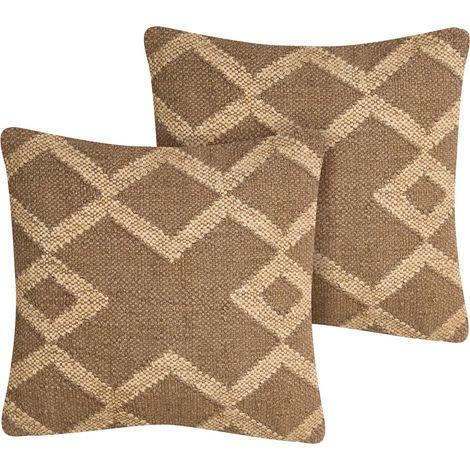 Set of 2 Scatter Cushions Light Brown and Beige Jute and Wool 45 x 45 cm Geometric Pattern Faded Colours GOPI (1/5)