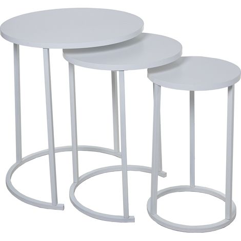 Ensemble 3 Tables Auxiliaires. Pieds Métal Blanc, Bois Blanc °48X58+°38X52.5+°28X48 Cm (1/4)