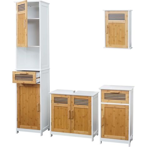 [NEUWERTIG] Badezimmerset HHG-146, Badmöbel Hochschrank Waschbeckenunterschrank Hängeschrank Kommode Bambus, MVG-zertifiziert weiß