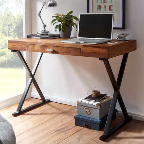 Bureau 1 tiroir 120x55x78 cm en bois de sheesham marron foncé et noir (1/5)