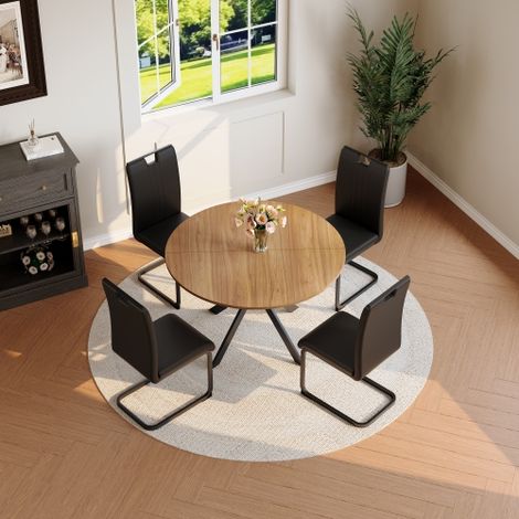 Ensemble de salle à manger avec table ronde et 4 chaises, ensemble de cuisine moderne aspect bois et similicuir, chaises cantilever à structure métallique pour salle à manger et cuisine