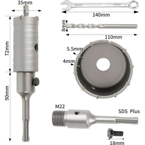 Scie Cloche Trépan Beton Ø 35mm Avec Adaptateur SDS Plus 110 mm,Carotteuse Beton,Scie Trépan Pour Percer Des Trous Dans Les Murs En Blocs (1/3)