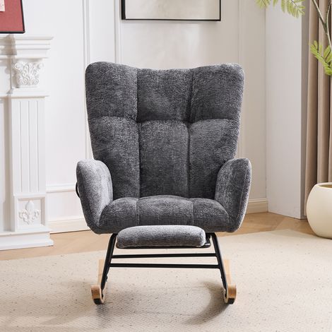 Poltrona a dondolo con schienale alto, poggiapiedi, tessuto chenille grigio scuro HAVRYA (1/5)