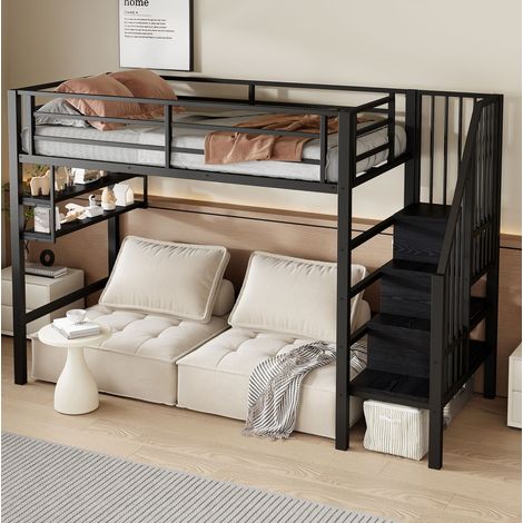 Lit mezzanine enfant 90 x 200 cm noir en métal avec rangements et espace de jeu (1/5)